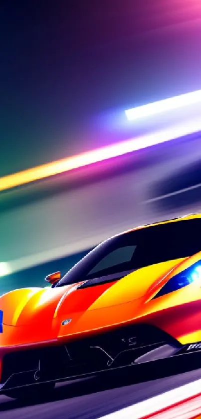 A vibrant racing car speeding on a colorful, motion-blurred track background.