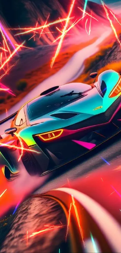 Vibrant sports car racing on a scenic road at sunset.