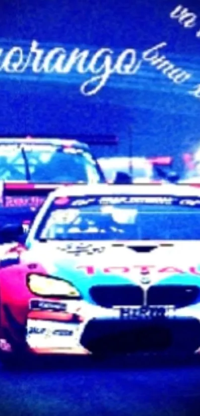 Vibrant BMW car racing on track, full of energy and speed.