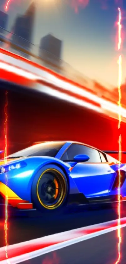 Sleek blue sports car racing through a vibrant city backdrop.