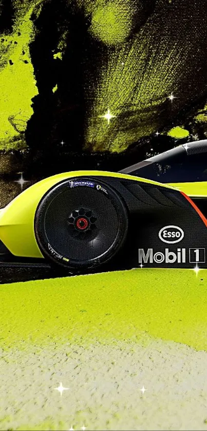 Vibrant lime green racing car with modern design on a dynamic background.