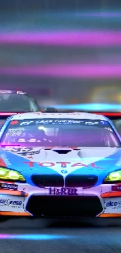 Vibrant racing car with neon lights wallpaper.