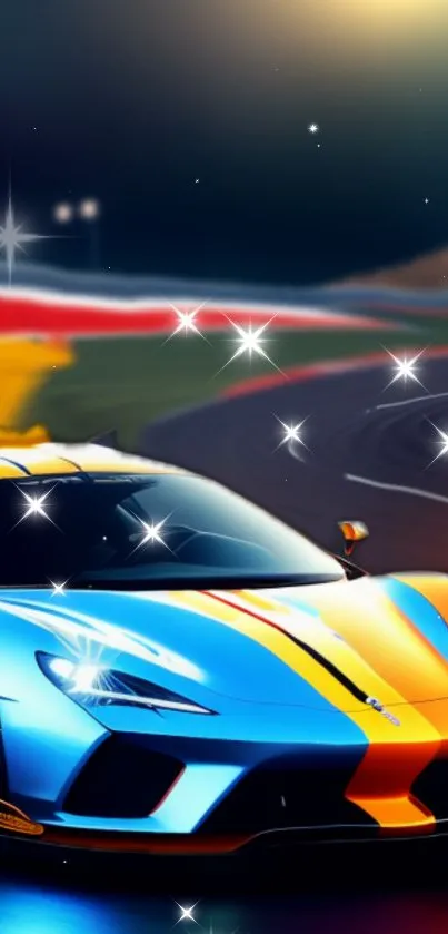 Vibrant racing car on track with glowing effects and vivid colors.