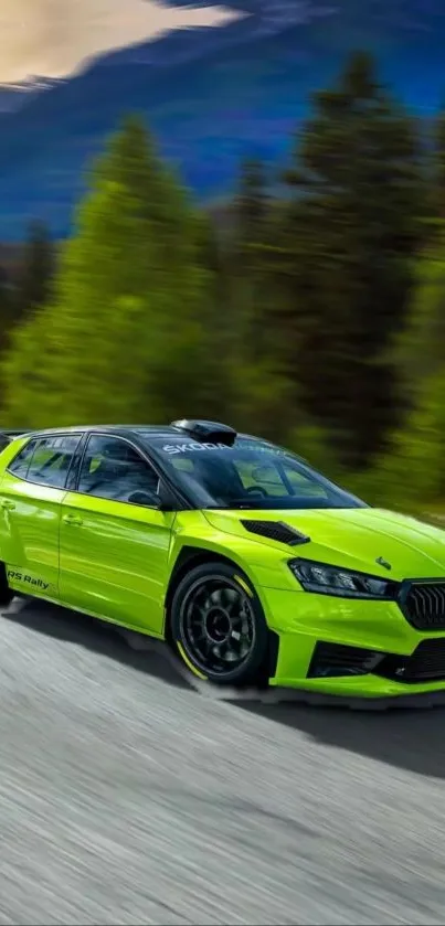 Lime green racing car on mountain road with vibrant scenery.