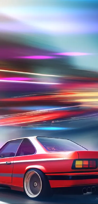 Red racing car speeding in motion wallpaper.