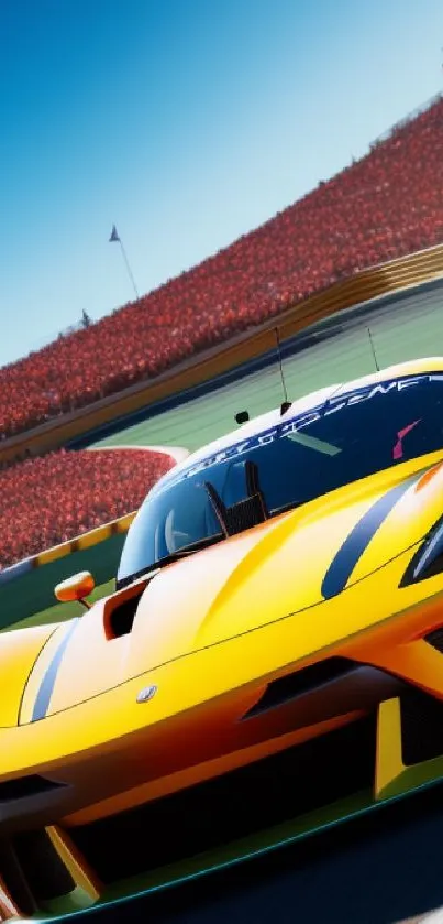 Vibrant yellow racing car on track wallpaper with clear blue sky.