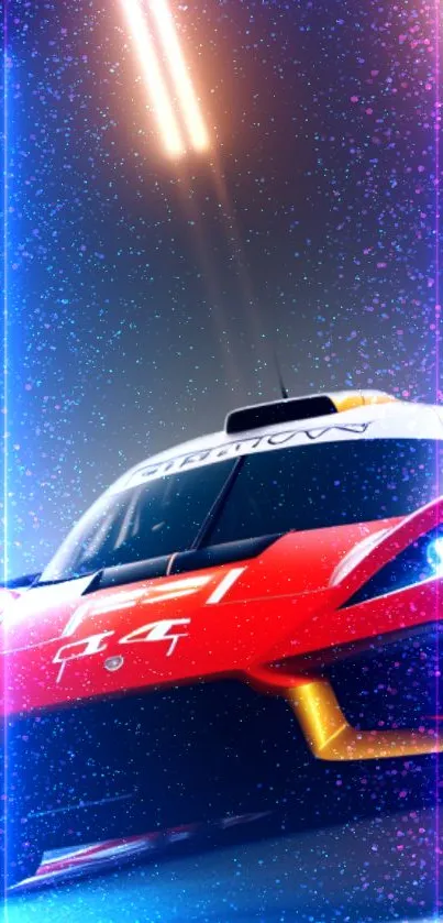 Vibrant red racing car with neon lights.