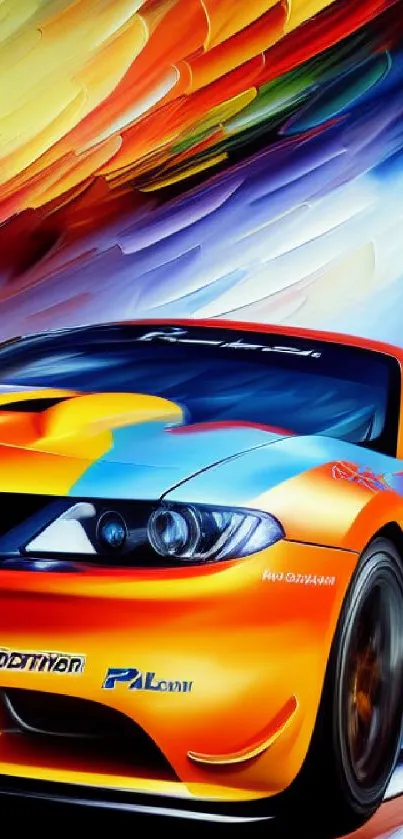 Vibrant racing car amidst dynamic colorful background.