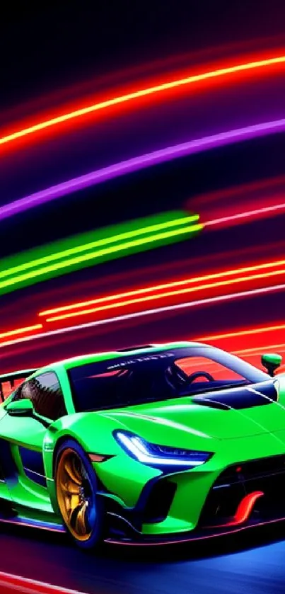 Vibrant green sports car with neon lights.