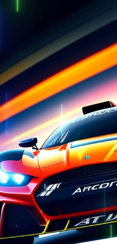 Vibrant orange racing car with colorful light trails.