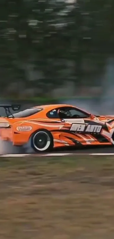 Orange race car drifting on a track.