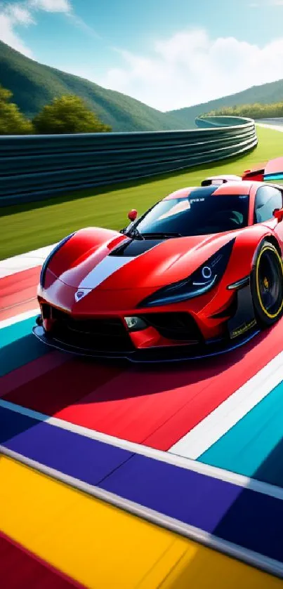 Sleek red racing car on vibrant track under clear blue sky.