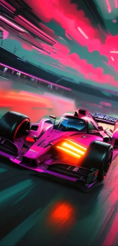 Vibrant racing car on a neon-lit track.