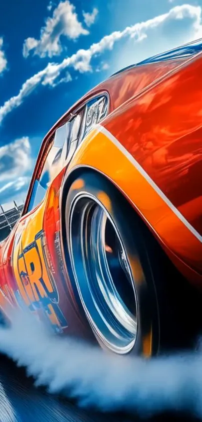 Vibrant orange racing car with smoke on a blue sky background.