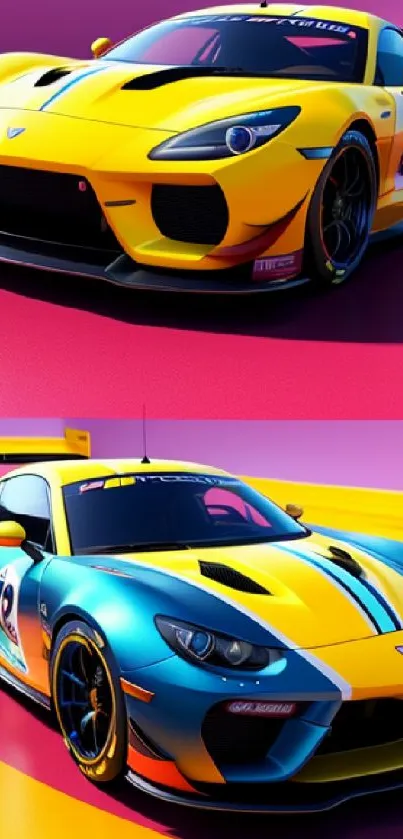 Vibrant racing cars on colorful background.