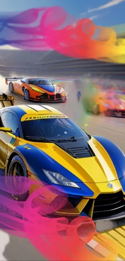 Blue and yellow racing car on track with vibrant colors.