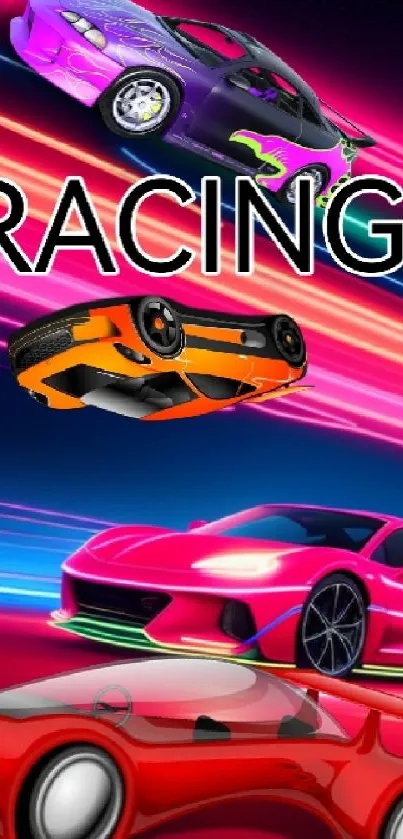 Vibrant racing cars with neon lights background.