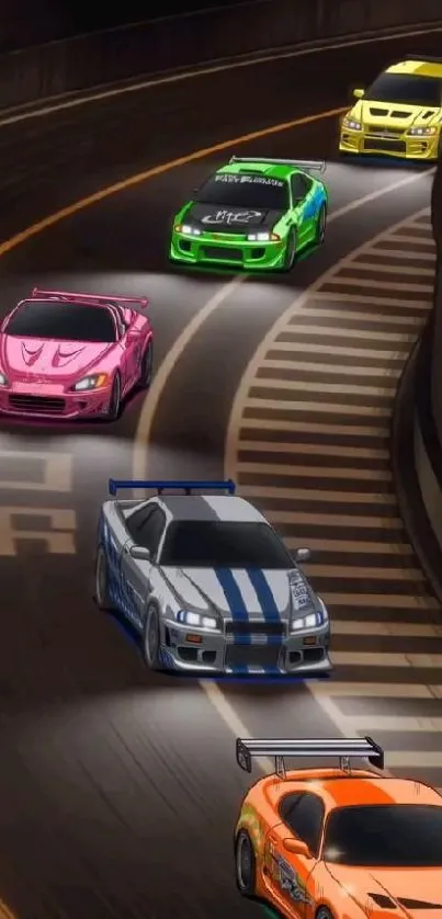 A vibrant scene of colorful racing cars on a dynamic track.