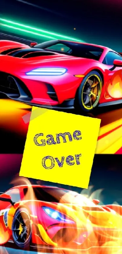 Vibrant racing cars with 'Game Over' text in bold, vivid colors.