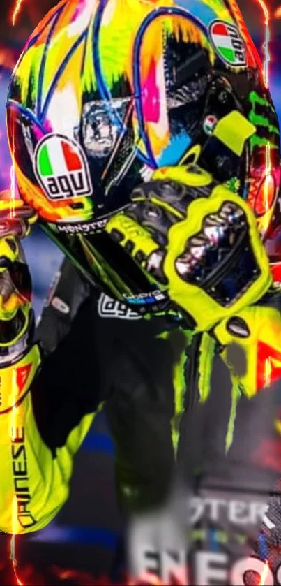 Colorful motorcycle helmet with neon yellow highlights.