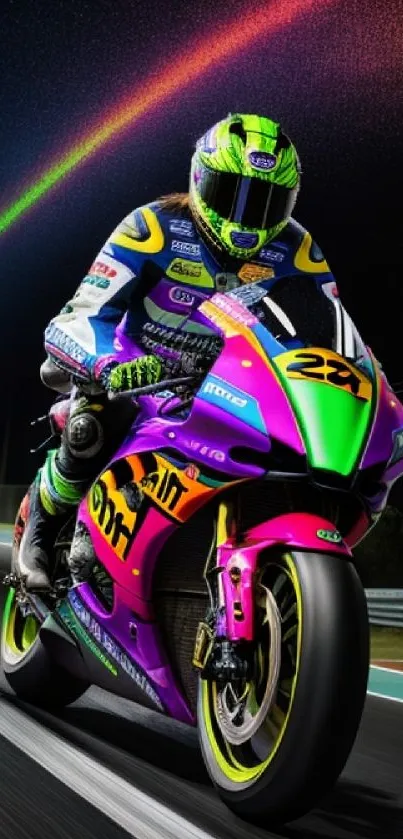 Motorcycle racing under starlit sky with vibrant neon colors and dynamic motion.