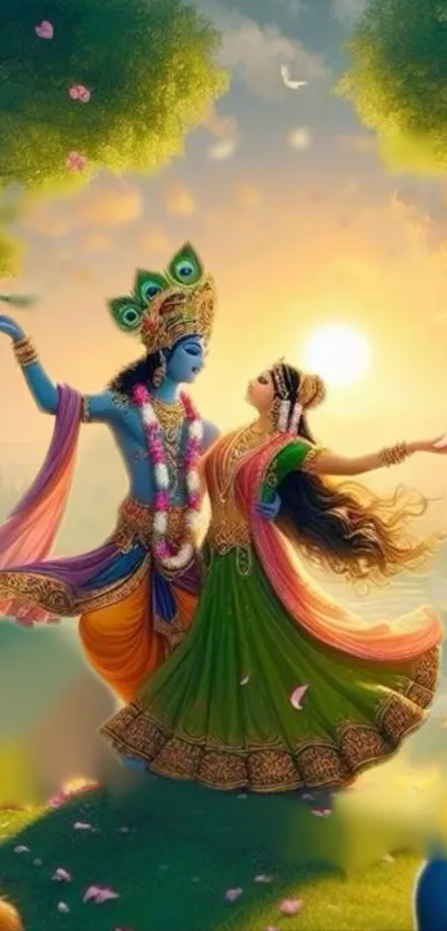 Radha and Krishna depicted in vibrant colors with a serene landscape backdrop.