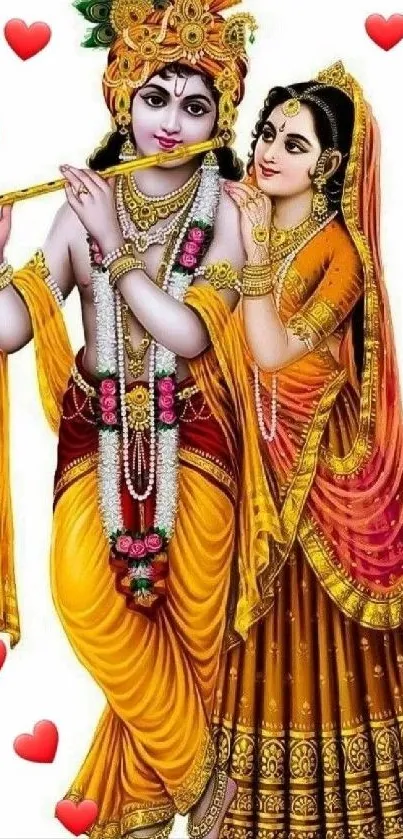 Radha Krishna in vibrant golden attire with decorative hearts.