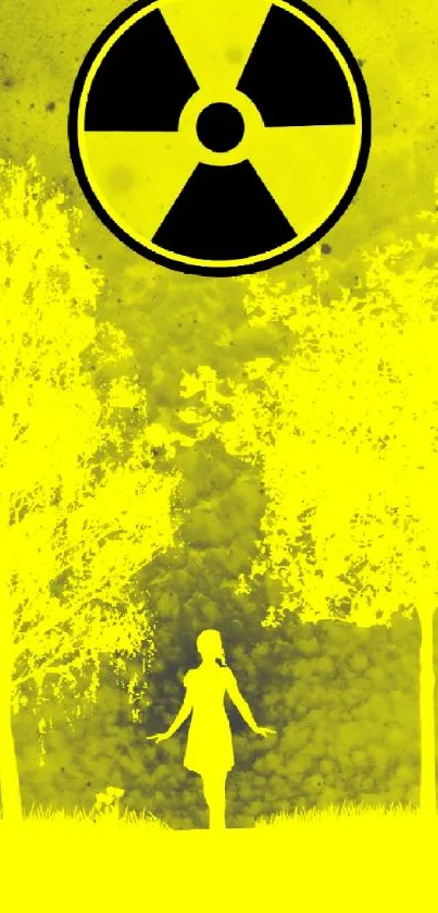 Artistic wallpaper featuring a yellow radioactive symbol and silhouette.