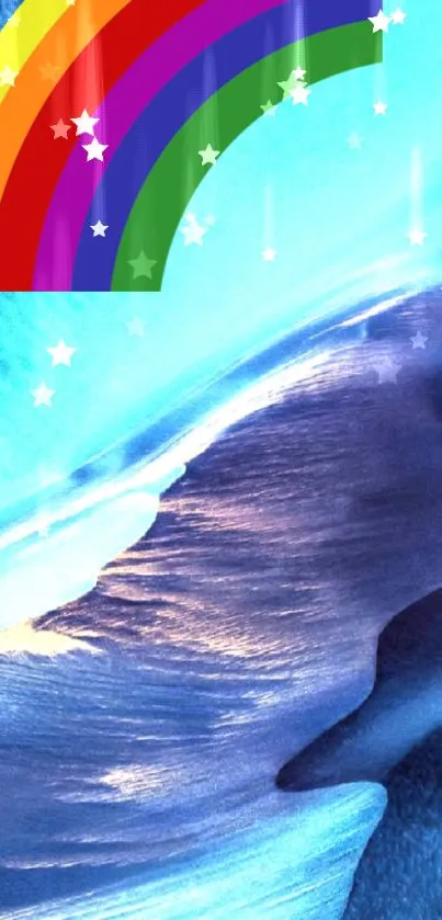 Vibrant ocean waves with a colorful rainbow and stars on a blue background.