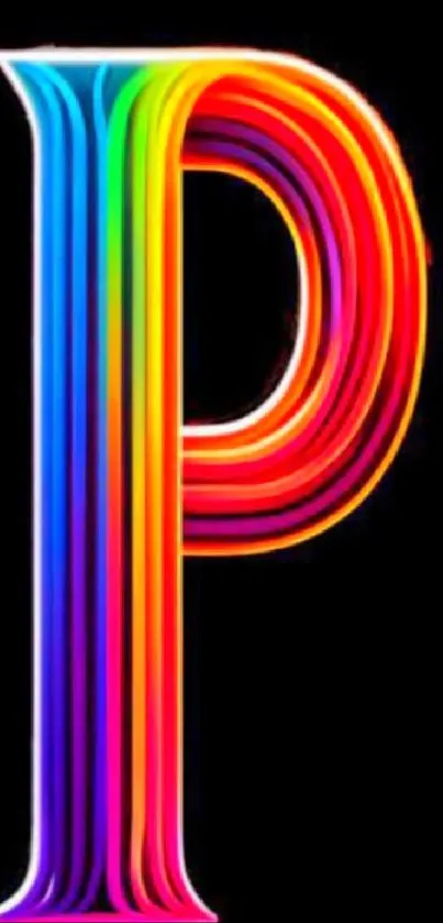 Bright rainbow 'P' on black wallpaper.