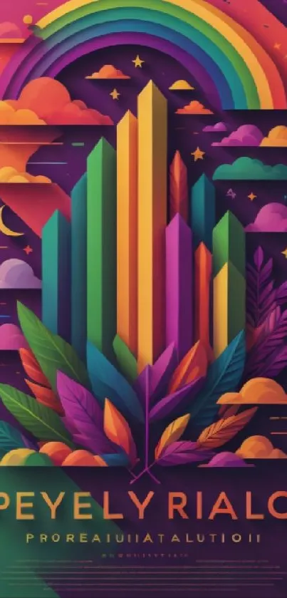 Vibrant rainbow abstract art with geometric shapes and colorful leaves.