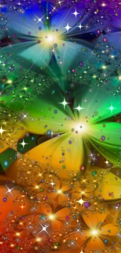 Vibrant abstract wallpaper with rainbow colors and shining stars.