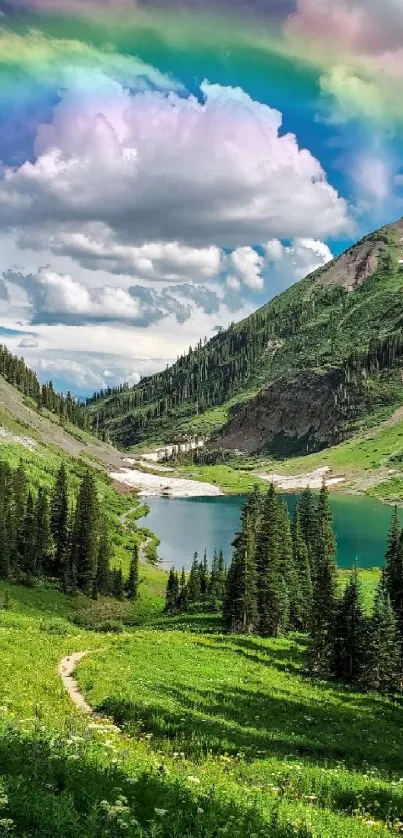 Stunning alpine scene with rainbow and lush greenery.