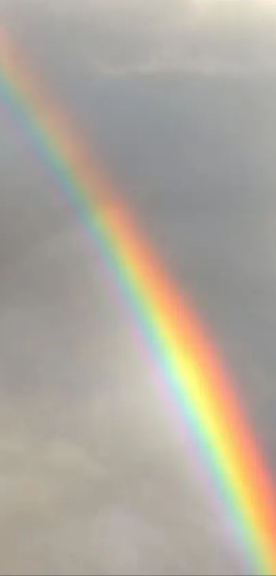 Vibrant rainbow arching across gray clouds.