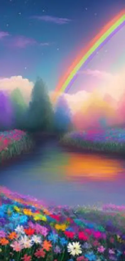 Colorful landscape with rainbow, flowers, and tranquil river.