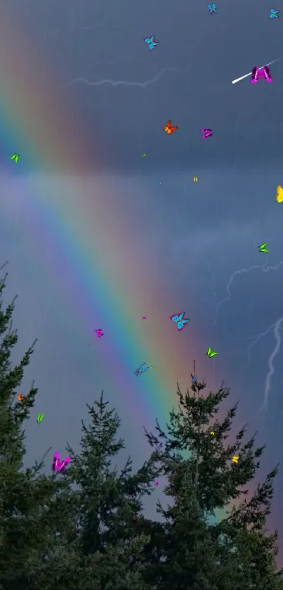 Vibrant rainbow against stormy sky with lightning and trees.