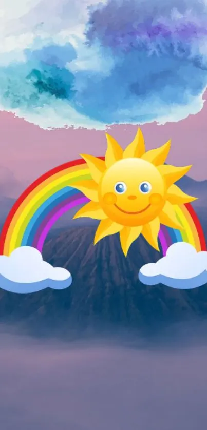 Cheerful sun with rainbow and cloud on a dreamy sky background.