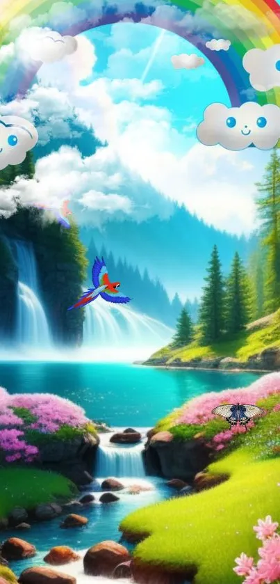 Cheerful rainbow over scenic waterfall landscape wallpaper.