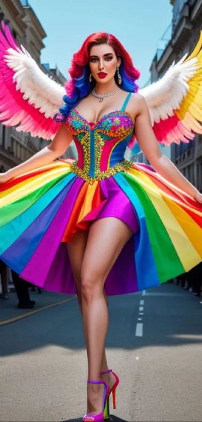 A vibrant angelic figure with rainbow wings and dress on a city street.