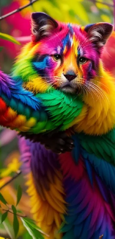 Colorful animal in vibrant rainbow hues with lush green background.