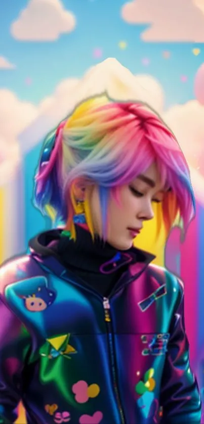 Anime girl with rainbow hair and vibrant background.