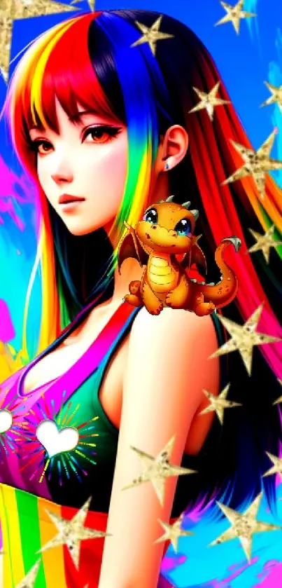 Anime girl with rainbow hair and dragon in vibrant colors.