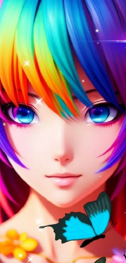Anime girl with rainbow hair and butterflies in vibrant colors.