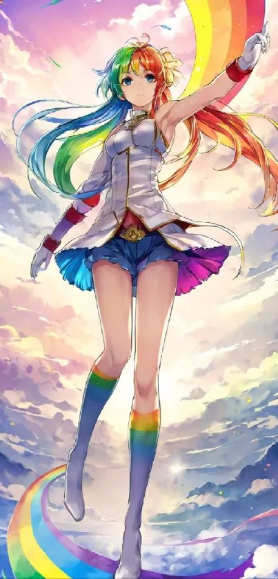 Anime girl with rainbow hair in sky, vibrant mobile wallpaper.