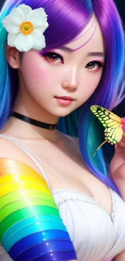 Colorful anime girl with rainbow hair and butterfly accent.