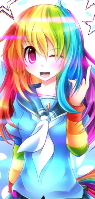 Colorful rainbow anime girl winking in vibrant hues and blue background.