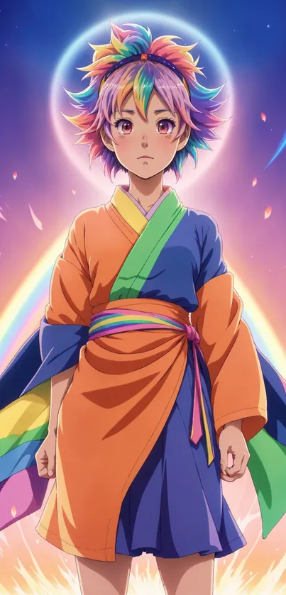 Vibrant anime character in rainbow attire against a mystical background.