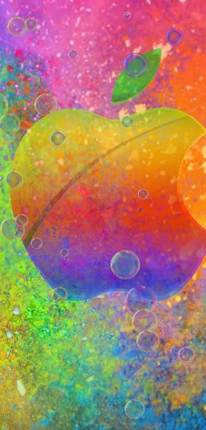 Colorful Apple logo with a bubble-textured background on mobile wallpaper.