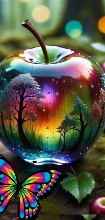 Vibrant rainbow apple with trees and butterfly wallpaper.