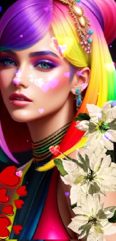 Colorful woman with rainbow hair and floral accents in vibrant art portrait.